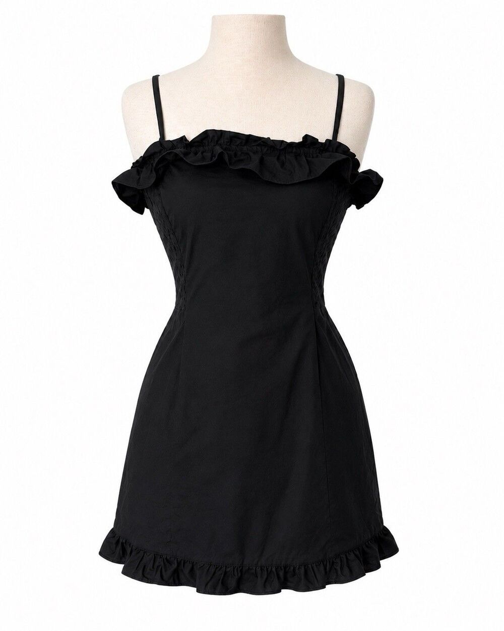 Vintage Ralph Lauren 90s Black Cotton Ruffle Mini Dress Size 12 - Picture 2 of 8